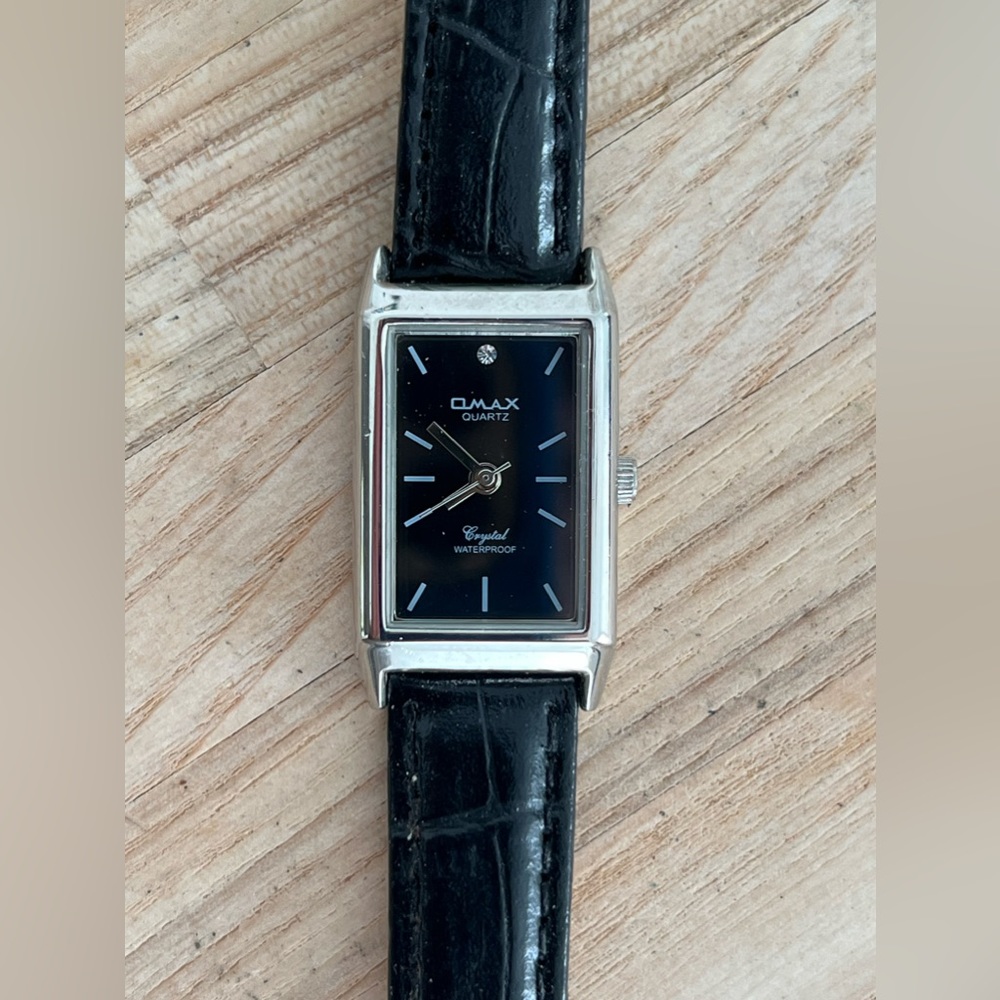 OMAX Ladies Watch Black Leather Strap Black Dial Stainless Case Crystal